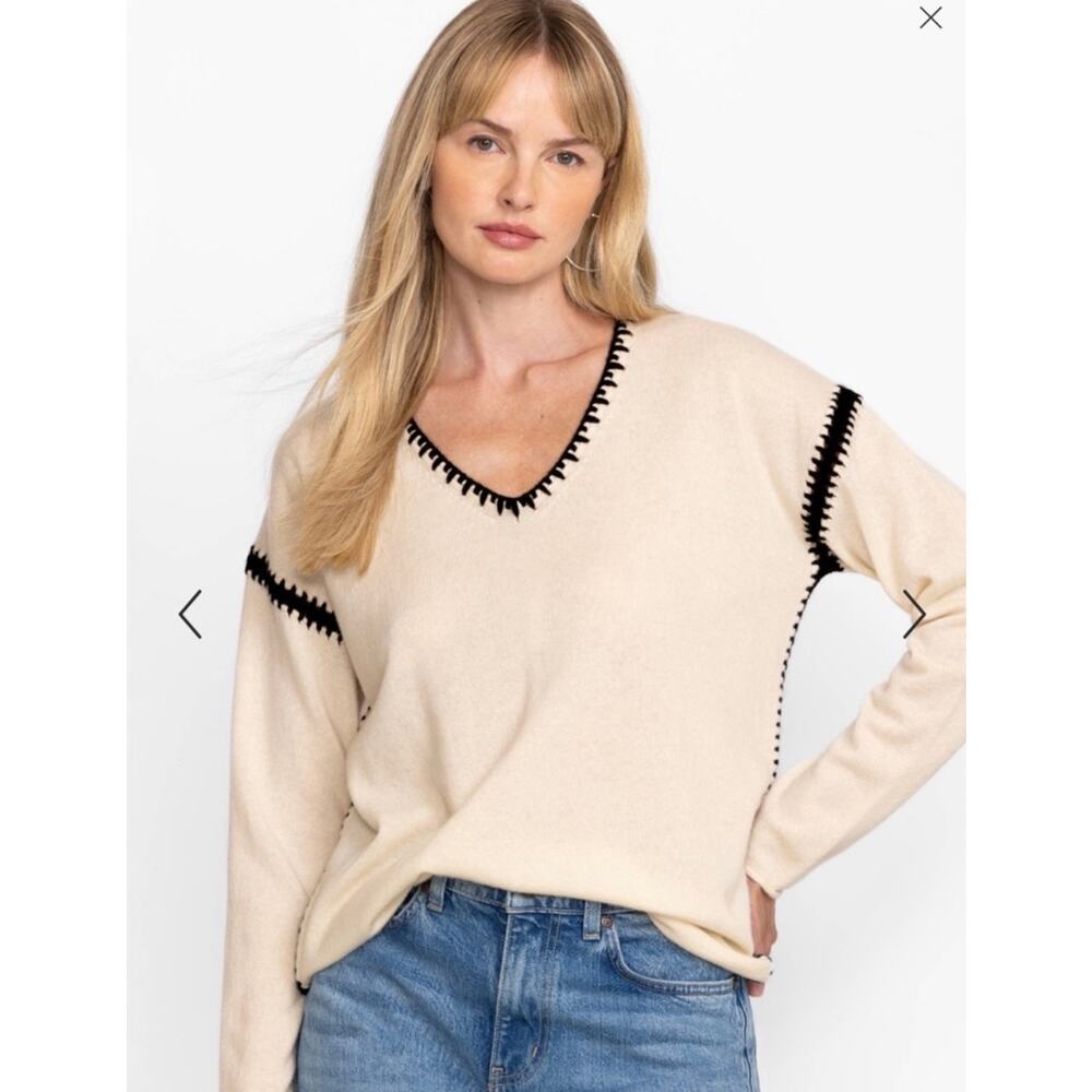 Johnny Was Cashmere Blend Sweater Cream Black Whip Stitch Detail V Neck Boho- S